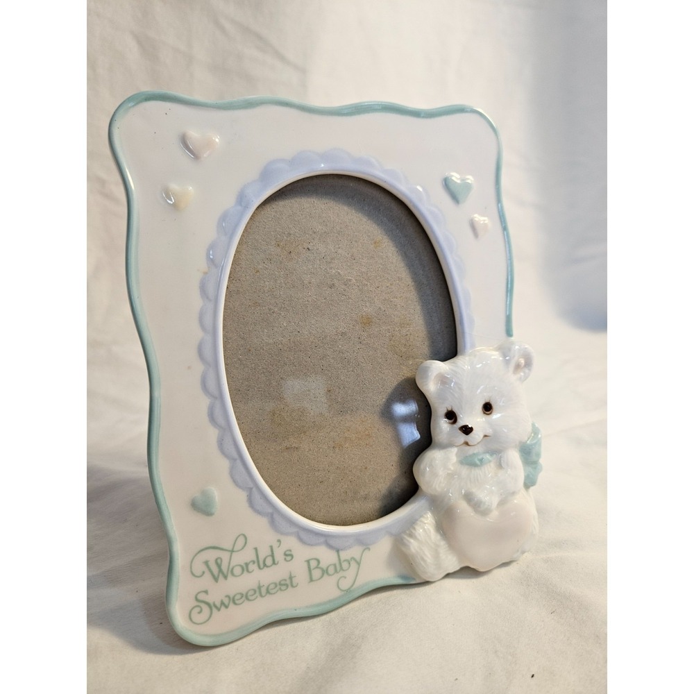 White Ceramic Blue and White Teddy Frame World's Sweetest Baby